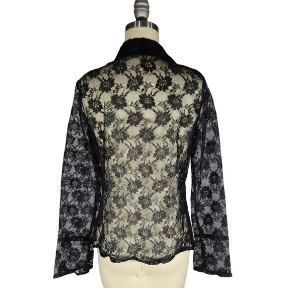 DIANE DE MONTJOUR Size 40/M Black Lace Studded Pleated Sheer Button Down Blouse - Picture 3 of 4